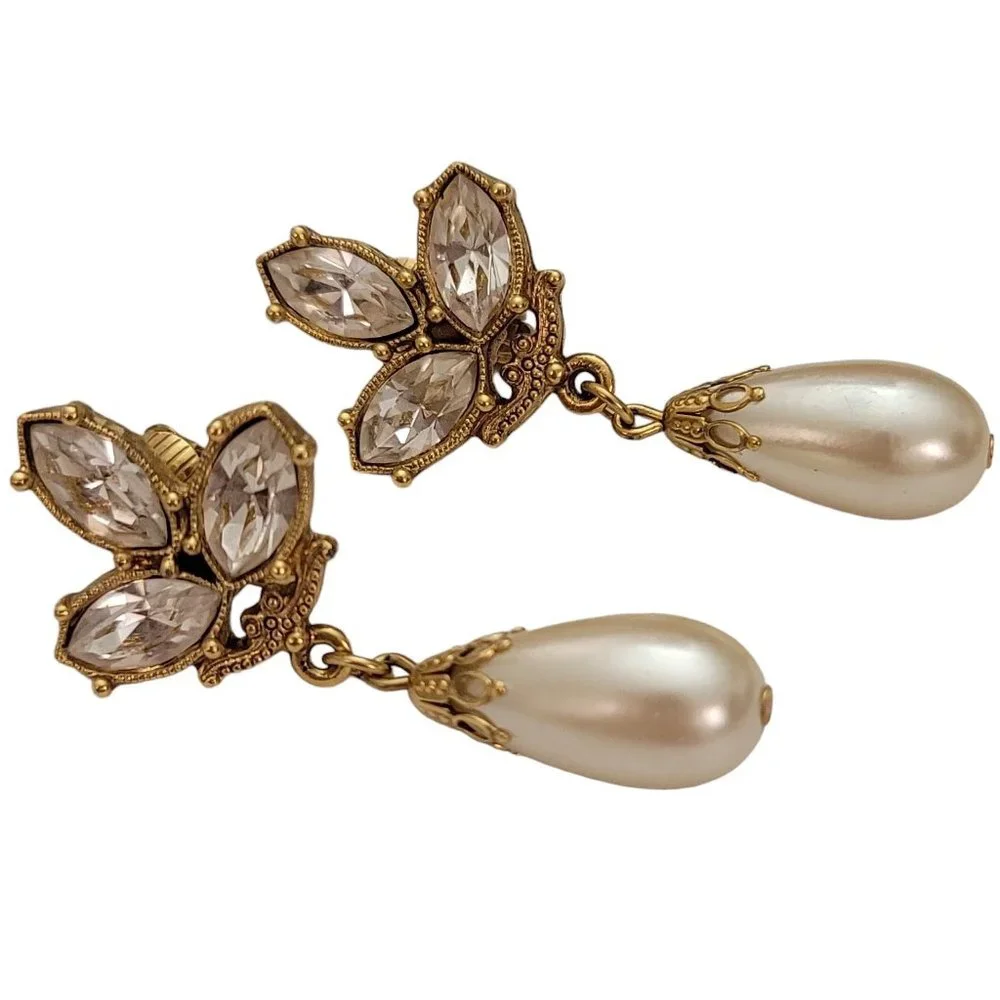 1928 Brand Faux Pearl Dangle Clear Rhinestones Clip-On Earrings 1.8” L E212 - Picture 2 of 9